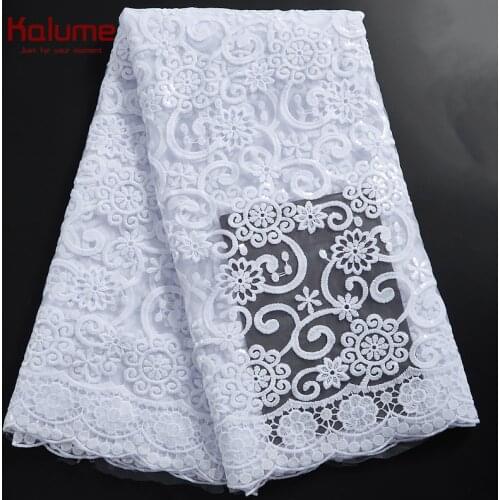 Kalume African Lace Fabric Pure White French Mesh Milk Silk Lace Fabric With Sequins Nigerian Tulle Lace Fabric For Dress F2321