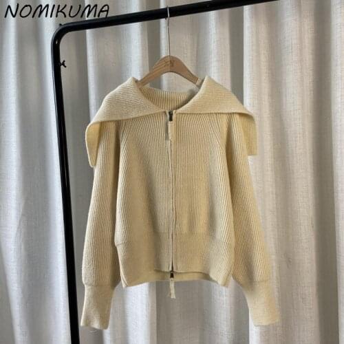 Nomikuma Korean Zipper Turn-down Collar Sweater Coat Causal Long Sleeve 2021 Autumn New Knitwear Women Solid Cardigans 6Z633