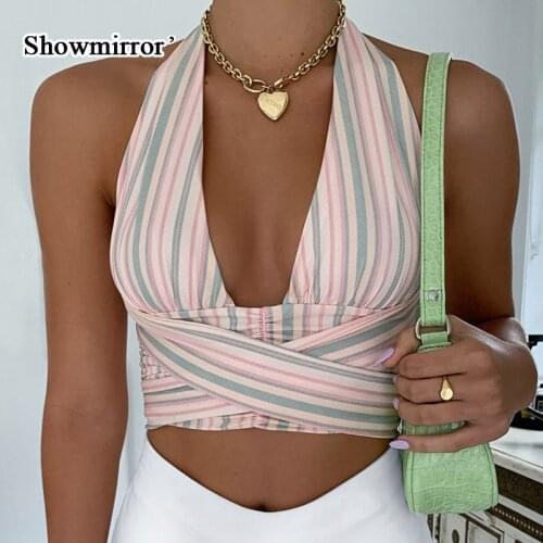 Showmirror Summer Chic Striped Sexy Backless Crop Top Women Elegant Sleeveless Halter Bandage Top Cropped Club Party TS33467