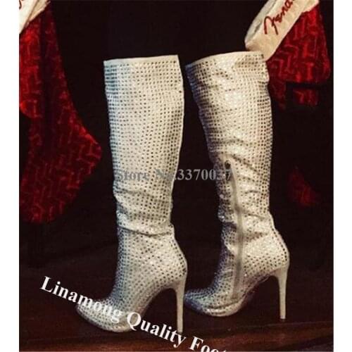 Linamong Luxurious Pointed Toe Rhinestone Stiletto Heel Knee High Boots Bling Bling Crystal Long High Heel Boots Wedding Heels