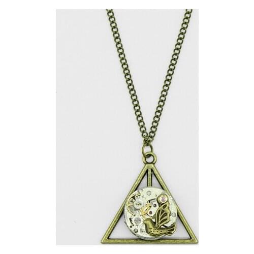 Deathly Hallows Gothic Steampunk Mechanical Watch Movements Retro Necklace Triangle Bird Pendant handmade