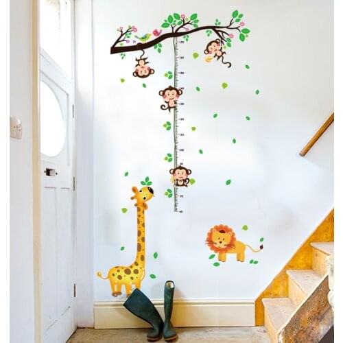 Cute Monkeys Playing on the Tree Cartoon Animals Wall Stickers Height Ruler Measure for Childrens Room Kids Room Nursery