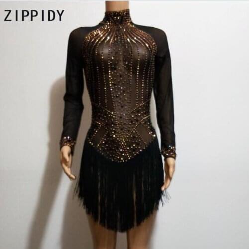 Multicolor Rhinestones See Through Black Mesh Costume Womens Birthday Diamonds Tassel Outfit Singer Dancer Nightclub Prom Wear