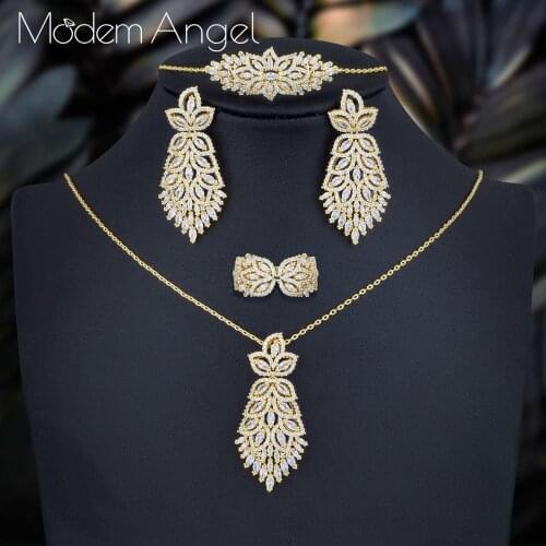 ModemAngel Luxury Special Design Necklace Bracelet Earring Ring Jewelry Sets For Women Wedding Indian Dubai Bridal Jewelry Set