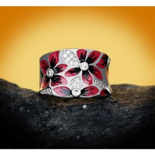 Fashionable and Exquisite Red Flower Womens Ring New Handmade Enamel Womens Jewelry Wedding Bridal Ring Party Jewelry