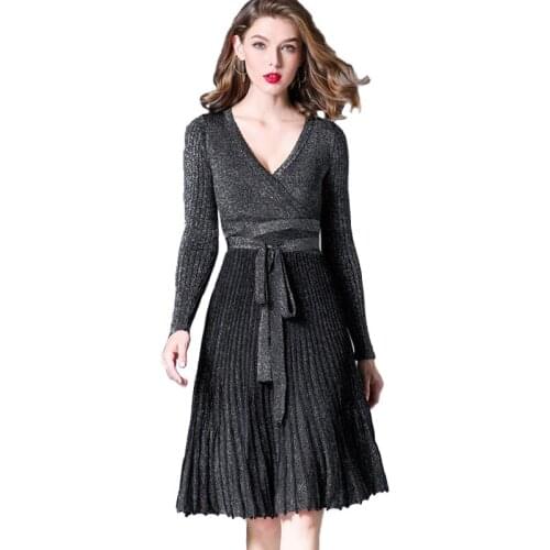 Fashion Bright silk Knit Dress Women 2019 Spring Autumn V-neck Long sleeve Pleated Dress Female Sexy Slim Sweaters Dresses A2520