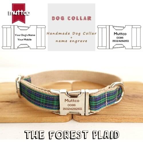 MUTTCO retailing unique style collar engraved metal buckle THE FOREST PLAID cotton Customized dog collar 5 sizes UDC014