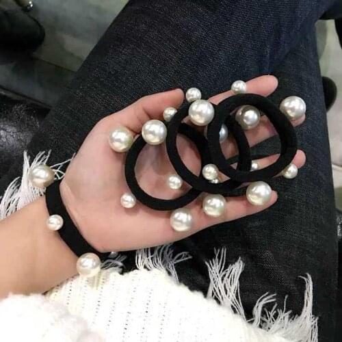 2020 New Basic Big And Small Pearl Black Rubber Band Fashion Temperament Hair Ring Ponytail Net Red Simple Hair Rope