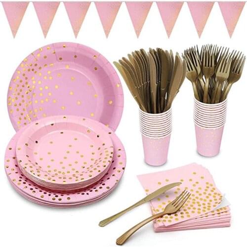 Pink Party Party Decoration Disposable Bronzing Knife Fork Spoon Paper Cup Paper Plate Tableware Decoration