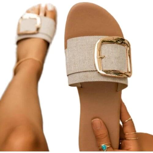 Women Slippers Summer New Fashion Upper Buckle Decoration Flat Heel Peep Toe Fashion Elegant Beach Outdoor Slides