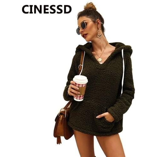 CINESSD V Neck Hooded Sweatshirts Hoodies Women Drawstring Long Sleeves Solid Pullovers Thicken Fleece Casual Coat Pocket Hoodie