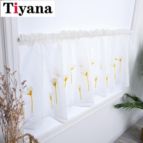Yellow Flower Tulle Curtain For Kitchen Half Window Drapes Rustic Sheer Curtains For Living room Short Panel cortina DL53X