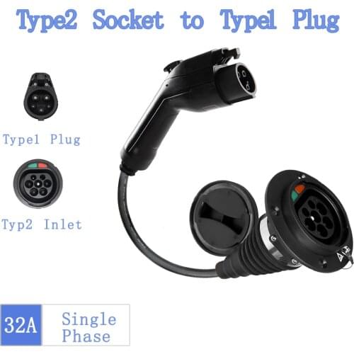 EV Charger Electric Car Adapter EVSE Charging Cable Type2 Inlet to Type1 Plug Flexible 32A 1 Phase For Chevrolet, Fiat 500e