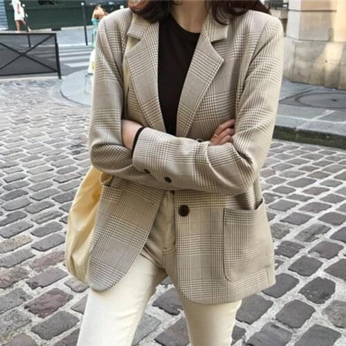 High Quality 2021 Autumn Winter Womens Blazers Elegant Plaid Casual Buttons Pockets Jackets Notched Vintage Wild Tops