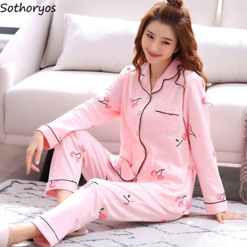 Women Sweet Printed Pajama Sets Single Breasted Long Sleeve Tops Full Length Pants Cozy Teenagers Sleepwear Large Size M-4XL New