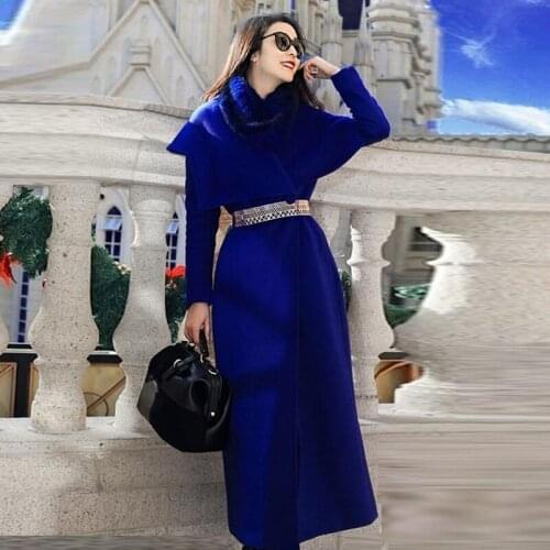 New Korean Woolen Coat Slim Autumn Winter Long Coat Women Luxury Casual Thick Wool Jacket Outerwear Sashes Ladies Blue Overcoats