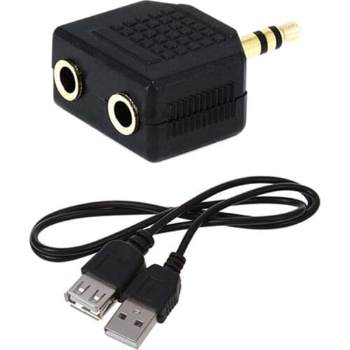 1 Pcs Gold Plated 3.5Mm Jack Splitter Adapter - Black & 1 Pcs USB 2.0 Extension Cable A-A Male To Female Connector