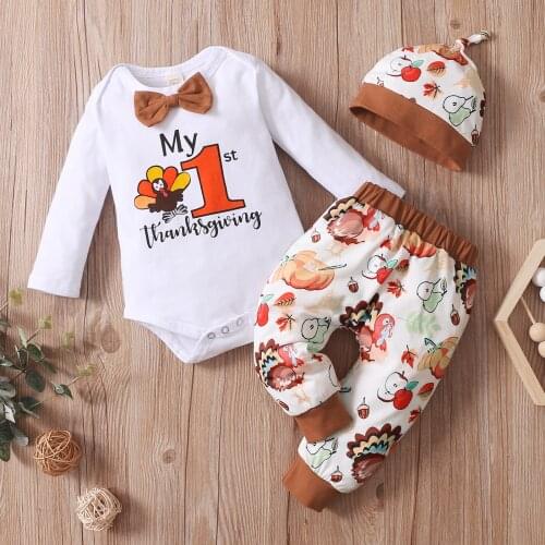 3Pcs Thanksgiving Day Baby Girls Boys Outfit Long Sleeve Round Collar Letter Romper + Chicken Fruit Printing Long Pants + Cap
