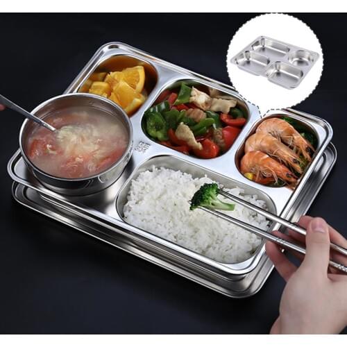 4 Section Stainless Steel Divided Dinner Tray Square Thickened Lunch Container Fruit Snack Food Plate For School Canteen