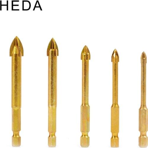 5/6/8/10/12mm 5Pcs Cross Hex Drill Bits Set Titanium Coated Glass Ceramic Concrete Hole Opener 4 Blades Carbide Tip Drill