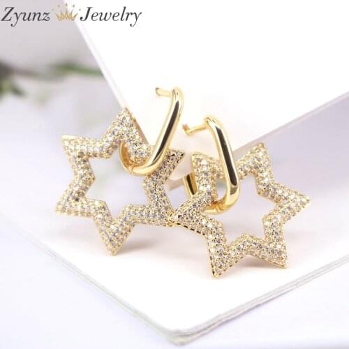5Pairs, Gold Color Clear CZ Crystal Zircon Star Pendant Hoop Earrings for Women or Girls