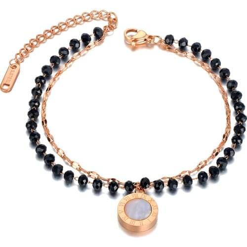 New Titanium Stainless Steel Black Crystal Chain Link Bracelets For Women Bohemia Roman Numerals Charm Jewelry B21014