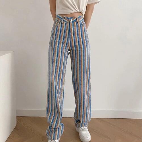 2021 women color Striped Straight Cylinder full length high waist pants Female vintage Pantalon fashion Retro Tide Trousers Lady