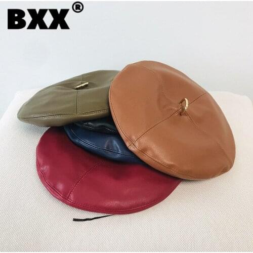 [BXX] Woman New Brand Causal Solid Color PU Leather Button Quad Beret Vintage Hat Fashion Tide Autumn Winter 2021 GF0472