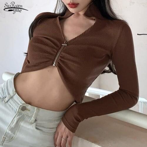 Spring Autumn New Sexy Streewear Crop Top Women Korean Short Polo Collar Zipper Blouse Long Sleeve Slim Jacket Women 12845