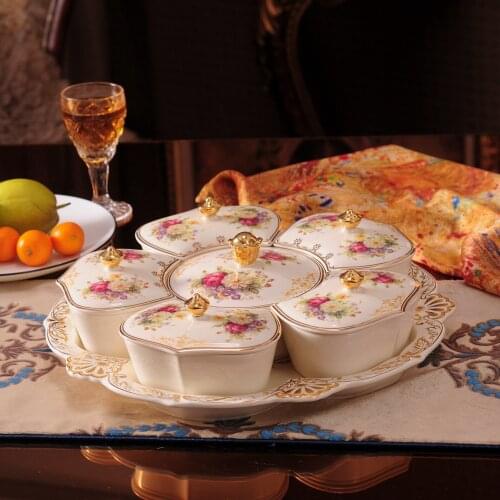 European style dry fruit plate divided fruit plate with cover melon seed box candy box living room modern ceramic fruit plate