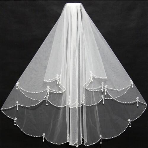 NUOXIFANG 2020 Hot Sale Elegant Short Beading Edge Wedding Bridal Veil White Ivory Bride Veils Two Layers Elbow Length Veil