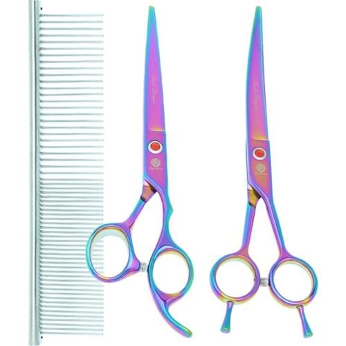 Purple Dragon 7 inch Pet Grooming Scissors Professional Straight Curved Cutting Dog Cat Shears Thinning Hair Clippers B0019B