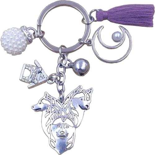 Husky Dog Animal kawaii Luxury Charm Keychain Key Ring Retro Silver Plated Bohemian Pet Tassels Men Women Male Female Gift K001
