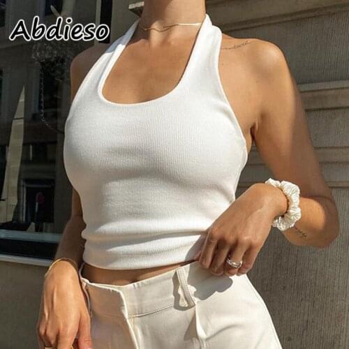 Abdieso White Ribbed Y2K Crop Top 2021 Sleeveless Backless Sexy Halter Top Women Black Casual Summer Tank Camis Streetwear
