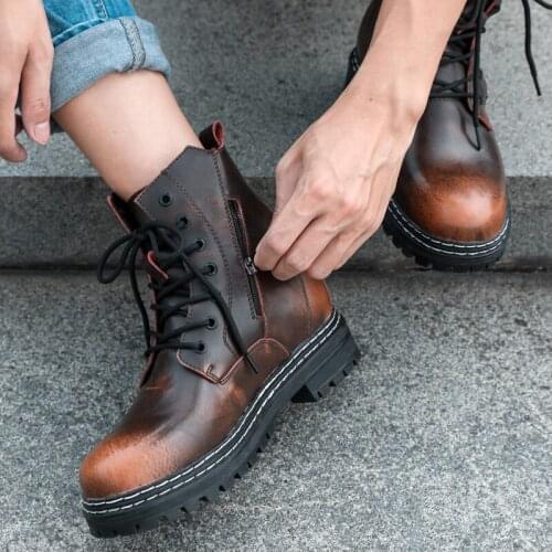 2021 Chunky Boots for Men Genuine Leather Non-slip Military Ankle Boots Motorcycle Men Boots Big Size 38-45 Lace-up Male Shoes