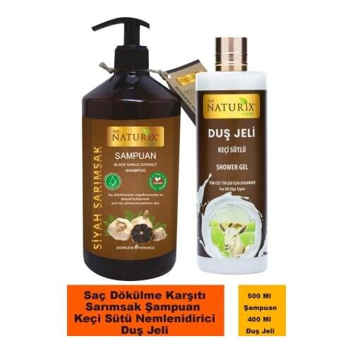 Naturix 2'Li Set Hair Shedding Anti Black Garlic Shampoo 600 Ml + Goat Milk Nemlendiri Shower Gel 400 Ml