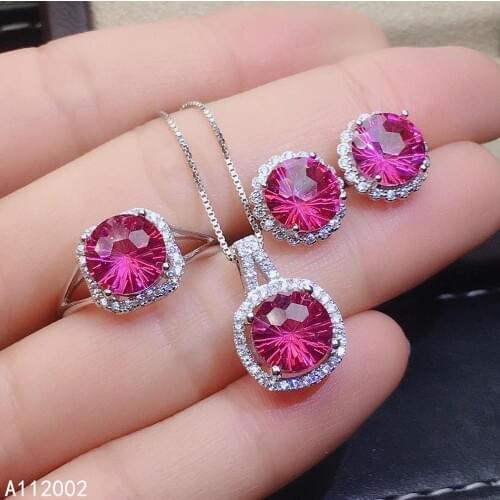 KJJEAXCMY fine jewelry natural pink topaz 925 sterling silver women pendant necklace earrings ring set support test lovely