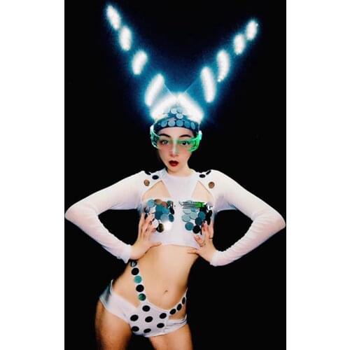 Nightclub Gogo Dancer Outfit Stage Costume LED Antenna Sexy Mirror Bikini Pole Dance Female Dj Show Clothes Rave Costume VDB3450