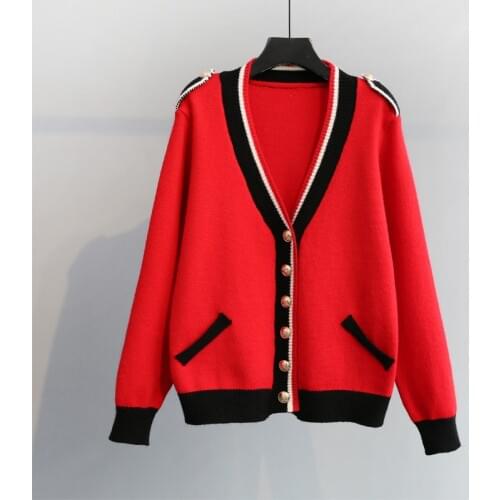 Autumn Woman Sweater Knitting 2021 New England Style V-neck Jacquard Cardigan Sweater Winter Hit Color Knitwear