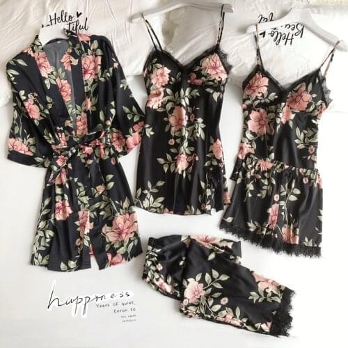 Pajamas 5pcs Spring Summer Female Sleepwear Black Printed Flower Satin Pijamas Suit Loose Sexy With Bra And Suspender Robe Set