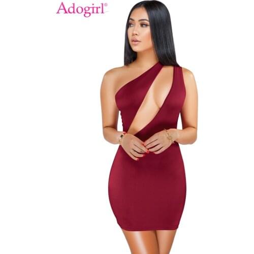 Adogirl Solid Hollow Out One Shoulder Bodycon Dress Women Sexy Sleeveless Sheath Mini Evening Party Dress Night Club Wear Outfit