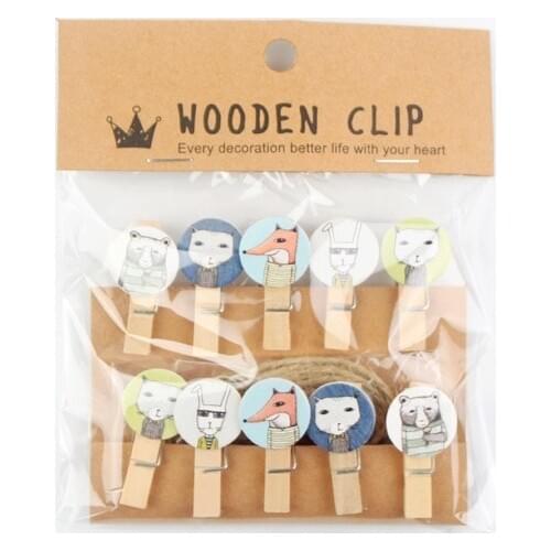 10 pcs/lot Mr. Fox Animal Wooden Clip Photo paper Clothespin Craft Clips Party Decoration Clip with Hemp Rope