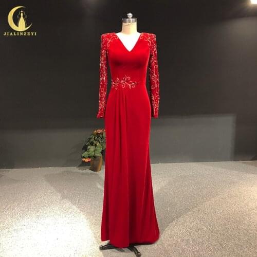 Rhine real Pictures Red Velevt Long Sleeves V Neck Floor Length Arabic платье 2021 Evening Dresses Long