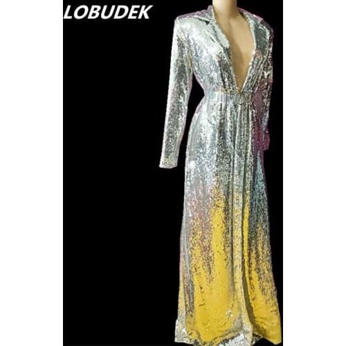 Silver Sequins Long Coat Sequined Overcoat Cloak Fashion Stage Wear Nightclub Female Singer Host Concert Performance Costume