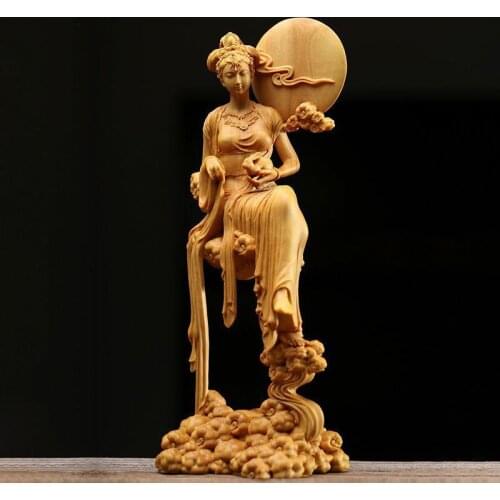 Solid wood Chang'e fairy statue Hand-carved Home decoration crafts Upscale Fine carving fairy statue 18cm