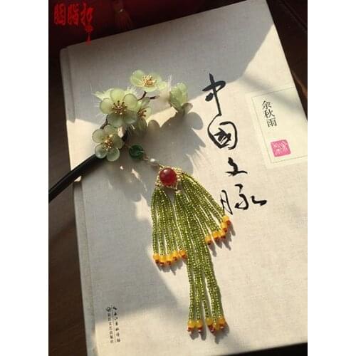 Rabbit Fur Colored Glaze Green Jade Pink Crystal Petal hair stick Hanfu Costume Hair Accessories Hair jewelry Earrings Hairclip