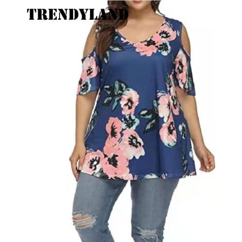 Trendyland Womens Plus Size Tops Bohemian Round Neck Floral Print Short Sleeve Off Shoulder Tunic Casual Blouse Dropshipping