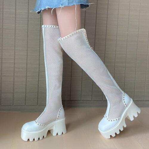 Over The Knee Boots White Mesh Breathable Cool Boots Flat Platform Rivet Fashion Square Toe High Heels Chelsea Boots Shoes Woman