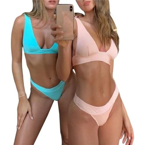 Womens 2Pcs Solid Color Bikini Suit Sexy Deep V-neck Split Style Halter Tops with Triangle Bottom Swimwear for Beach/Swimming