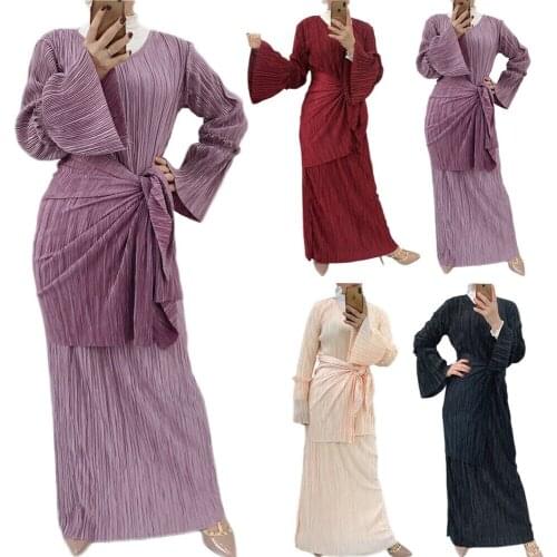 Ramadan Eid Robe Women Pleated Solid Color Long Dress Muslim Abaya Kaftan Falre Sleeve Middle East Islamic Clothing with Belt